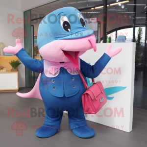 Pink Blue Whale mascot costume character dressed with a Dungarees and Handbags