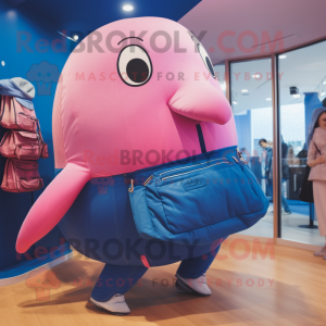 Pink Blue Whale mascot costume character dressed with a Dungarees and Handbags