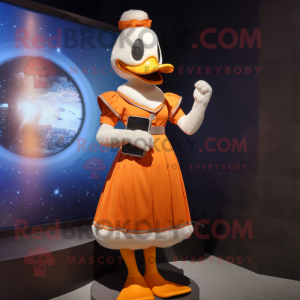 Orange Goose mascot costume character dressed with a Empire Waist Dress and Smartwatches