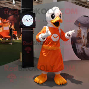 Orange Goose mascot costume character dressed with a Empire Waist Dress and Smartwatches