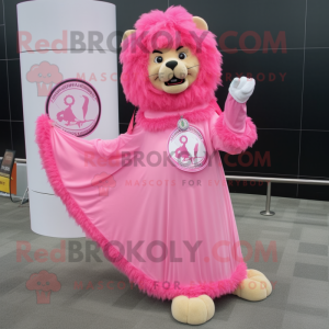 Pink Lion mascot costume character dressed with a Empire Waist Dress and Rings