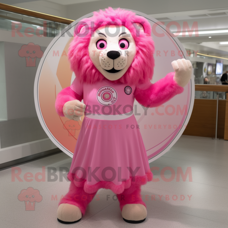 Pink Lion mascot costume character dressed with a Empire Waist Dress and Rings
