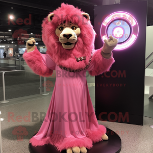 Pink Lion mascot costume character dressed with a Empire Waist Dress and Rings