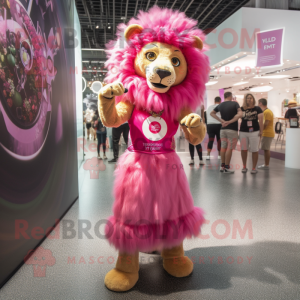 Pink Lion mascot costume character dressed with a Empire Waist Dress and Rings