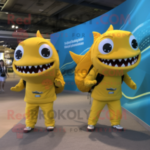 Yellow Barracuda mascot costume character dressed with a Playsuit and Messenger bags