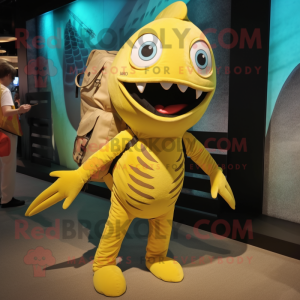 Yellow Barracuda mascot costume character dressed with a Playsuit and Messenger bags