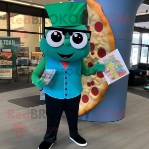 Teal Pizza Slice mascot costume character dressed with a Dress Pants and Reading glasses
