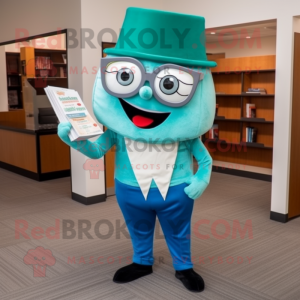 Teal Pizza Slice mascot costume character dressed with a Dress Pants and Reading glasses