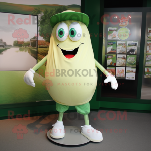 Cream Green Bean mascot costume character dressed with a Running Shorts and Hat pins