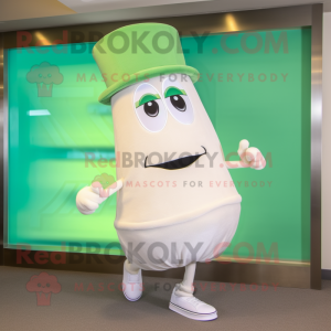 Cream Green Bean mascot costume character dressed with a Running Shorts and Hat pins