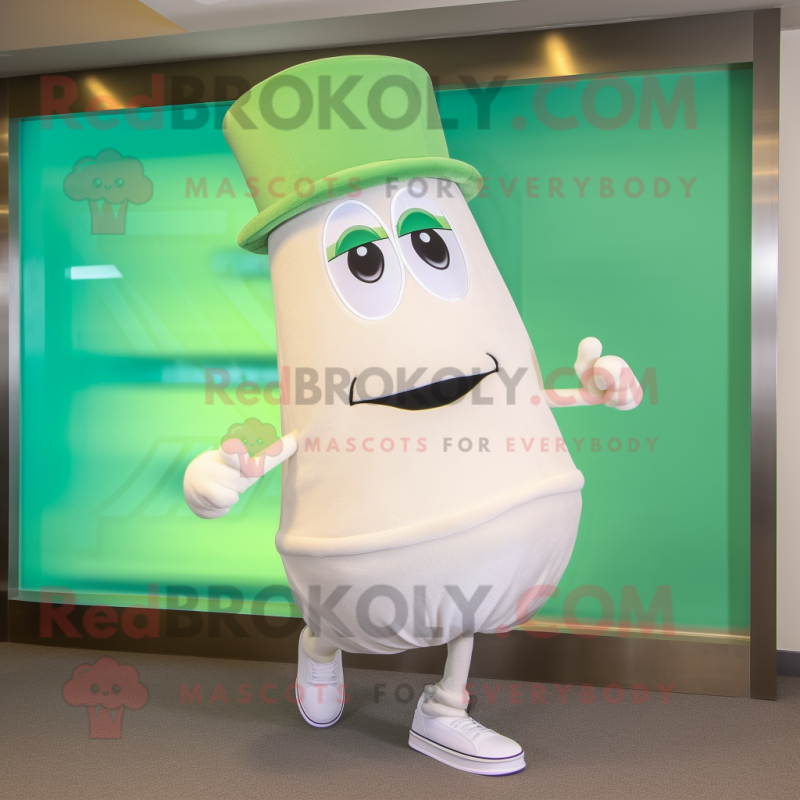 Cream Green Bean mascot costume character dressed with a Running Shorts and Hat pins Cream Green Bean mascot costume character dressed with a Running Shorts and Hat pins