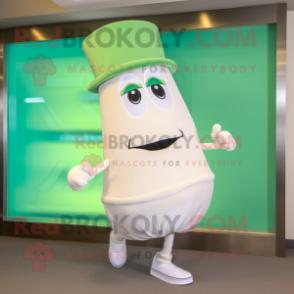 Cream Green Bean mascot costume character dressed with a Running Shorts and Hat pins