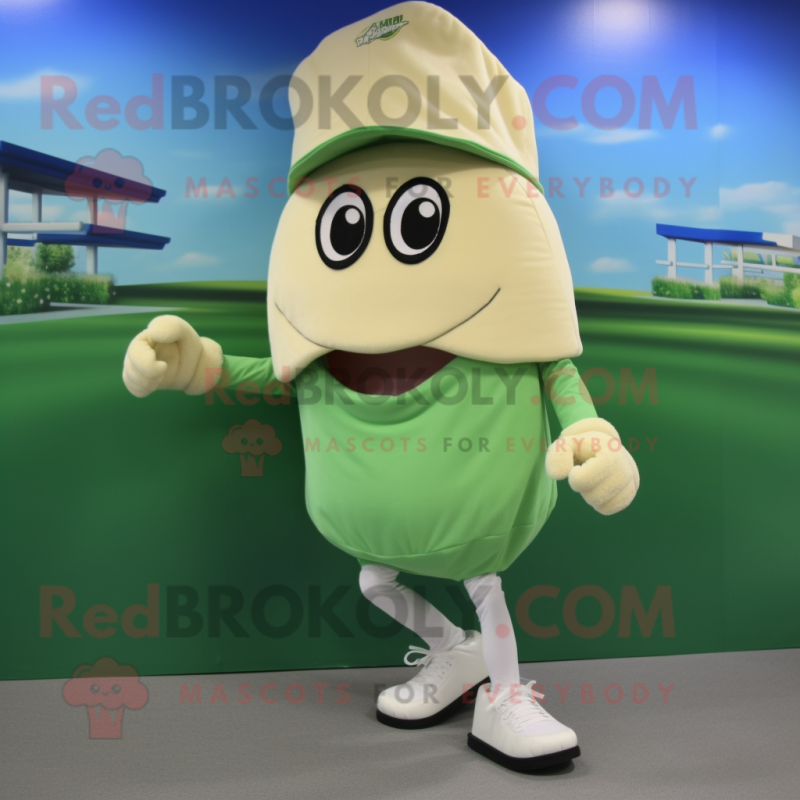 Cream Green Bean mascot costume character dressed with a Running Shorts and Hat pins Cream Green Bean mascot costume character dressed with a Running Shorts and Hat pins