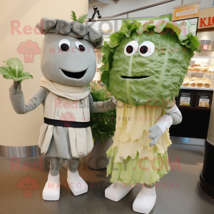 Gray Caesar Salad mascot costume character dressed with a Midi Dress and Ties