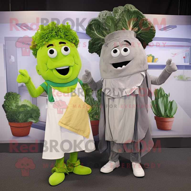 Gray Caesar Salad mascot costume character dressed with a Midi Dress and Ties