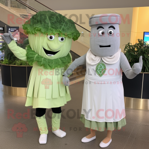 Gray Caesar Salad mascot costume character dressed with a Midi Dress and Ties