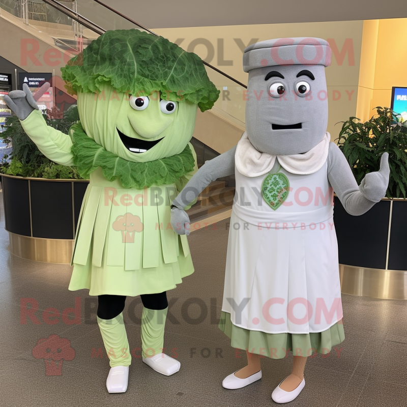 Gray Caesar Salad mascot costume character dressed with a Midi Dress and Ties Gray Caesar Salad mascot costume character dressed with a Midi Dress and Ties