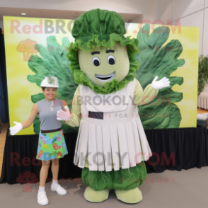 Gray Caesar Salad mascot costume character dressed with a Midi Dress and Ties