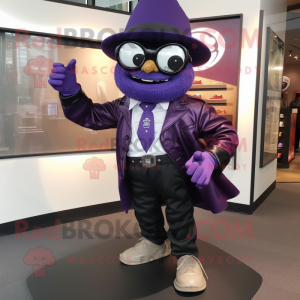 Purple Attorney mascot costume character dressed with a Leather Jacket and Shoe clips