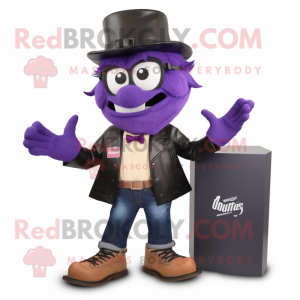 Purple Attorney mascot costume character dressed with a Leather Jacket and Shoe clips