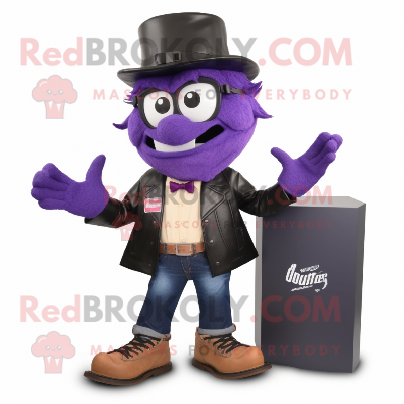 Purple Attorney mascot costume character dressed with a Leather Jacket and Shoe clips