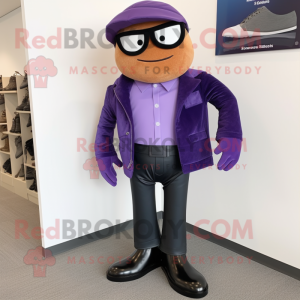 Purple Attorney mascot costume character dressed with a Leather Jacket and Shoe clips