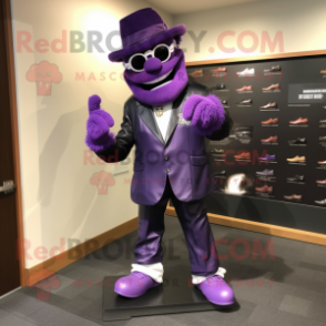 Purple Attorney mascot costume character dressed with a Leather Jacket and Shoe clips