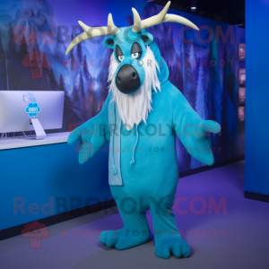 Cyan Elk mascot costume character dressed with a Hoodie and Shawls