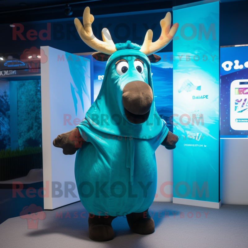 Cyan Elk mascot costume character dressed with a Hoodie and Shawls