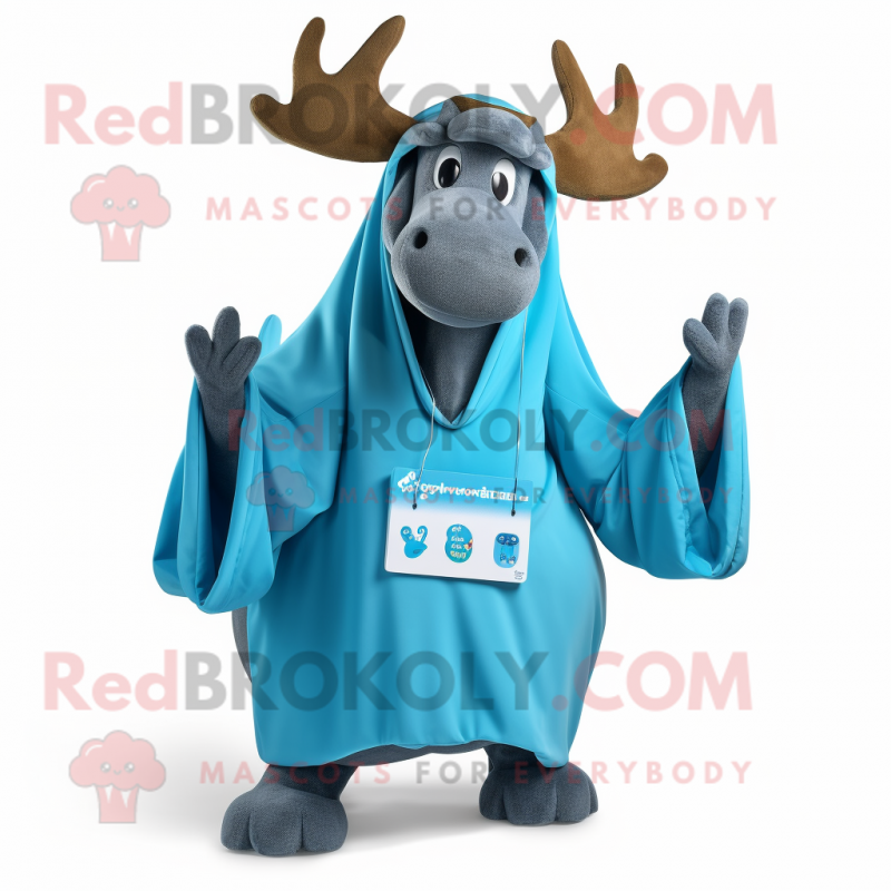 Cyan Elk mascot costume character dressed with a Hoodie and Shawls
