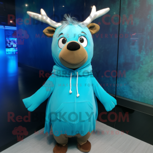 Cyan Elk mascot costume character dressed with a Hoodie and Shawls