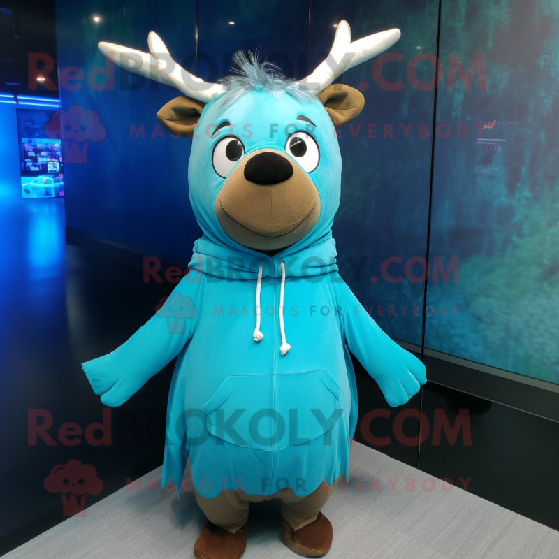 Cyan Elk mascot costume character dressed with a Hoodie and Shawls Cyan Elk mascot costume character dressed with a Hoodie and Shawls