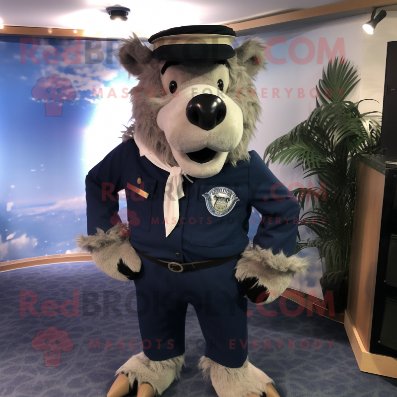 Navy Wild Boar mascot costume character dressed with a Cargo Pants and Tie pins Navy Wild Boar mascot costume character dressed with a Cargo Pants and Tie pins