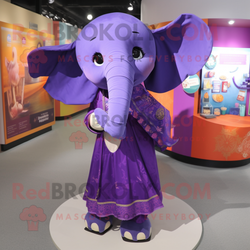 Purple Elephant mascot costume character dressed with a Midi Dress and Shawls