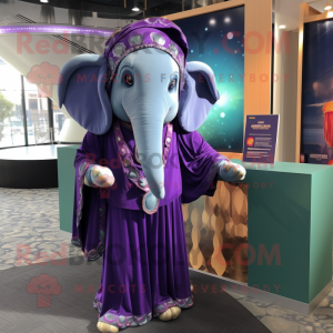 Purple Elephant mascot costume character dressed with a Midi Dress and Shawls