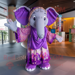 Purple Elephant mascot costume character dressed with a Midi Dress and Shawls