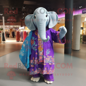 Purple Elephant mascot costume character dressed with a Midi Dress and Shawls