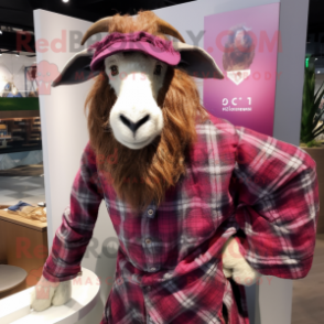 Magenta Boer Goat mascot costume character dressed with a Flannel Shirt and Brooches