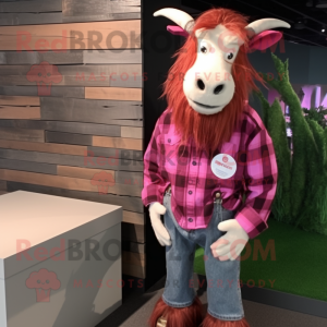 Magenta Boer Goat mascot costume character dressed with a Flannel Shirt and Brooches
