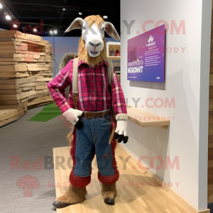 Magenta Boer Goat mascot costume character dressed with a Flannel Shirt and Brooches