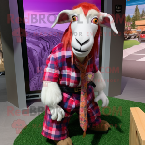Magenta Boer Goat mascot costume character dressed with a Flannel Shirt and Brooches