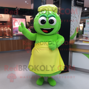 Lime Green Fried Rice mascot costume character dressed with a Wrap Skirt and Headbands