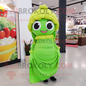 Lime Green Fried Rice mascot costume character dressed with a Wrap Skirt and Headbands