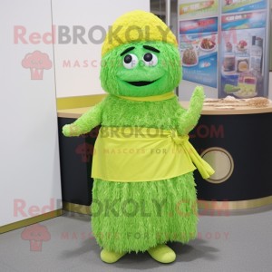 Lime Green Fried Rice mascot costume character dressed with a Wrap Skirt and Headbands