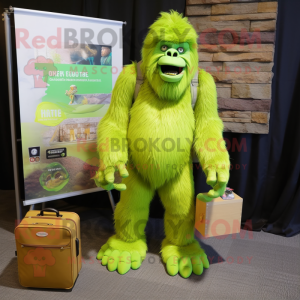 Lime Green Sasquatch mascot costume character dressed with a Poplin Shirt and Wallets