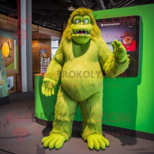 Lime Green Sasquatch mascot costume character dressed with a Poplin Shirt and Wallets