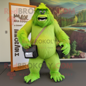 Lime Green Sasquatch mascot costume character dressed with a Poplin Shirt and Wallets