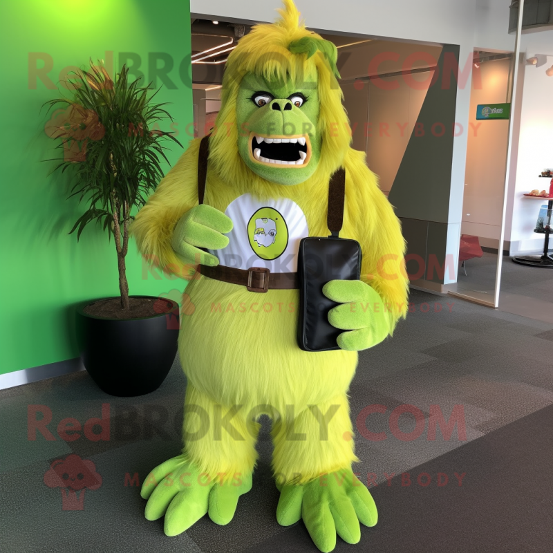 Lime Green Sasquatch mascot costume character dressed with a Poplin Shirt and Wallets Lime Green Sasquatch mascot costume character dressed with a Poplin Shirt and Wallets