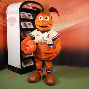 Rust Lobster mascot costume character dressed with a Rugby Shirt and Cummerbunds