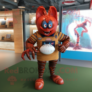 Rust Lobster mascot costume character dressed with a Rugby Shirt and Cummerbunds